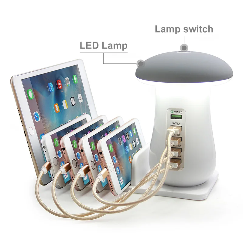 

Multiple USB Phone Charger Mushroom Night Lamp Charging Station Dock QC 3.0 Quick Charger for Mobile Phone and Tablet