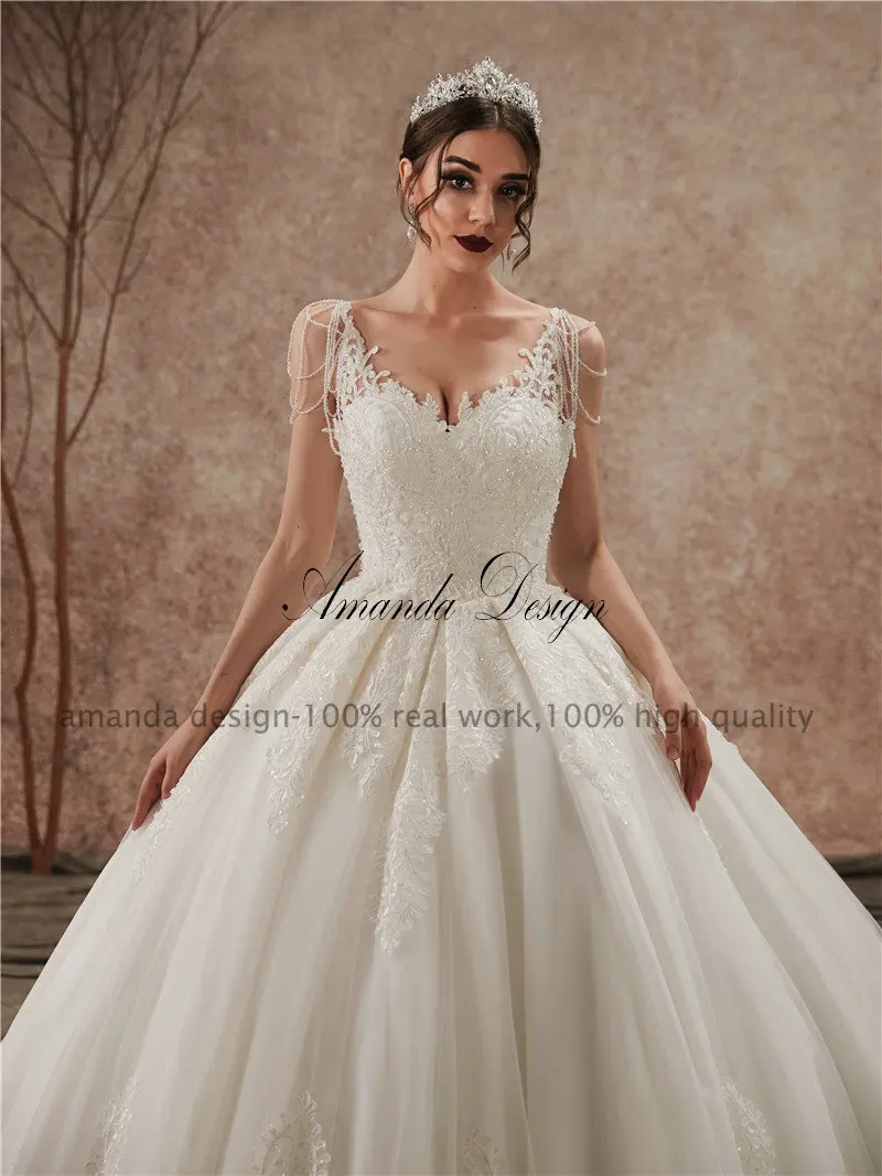 Аманда дизайн hochzeitskleid Кружева Аппликация пушистое бальное платье Кристалл свадебное платье с завязками