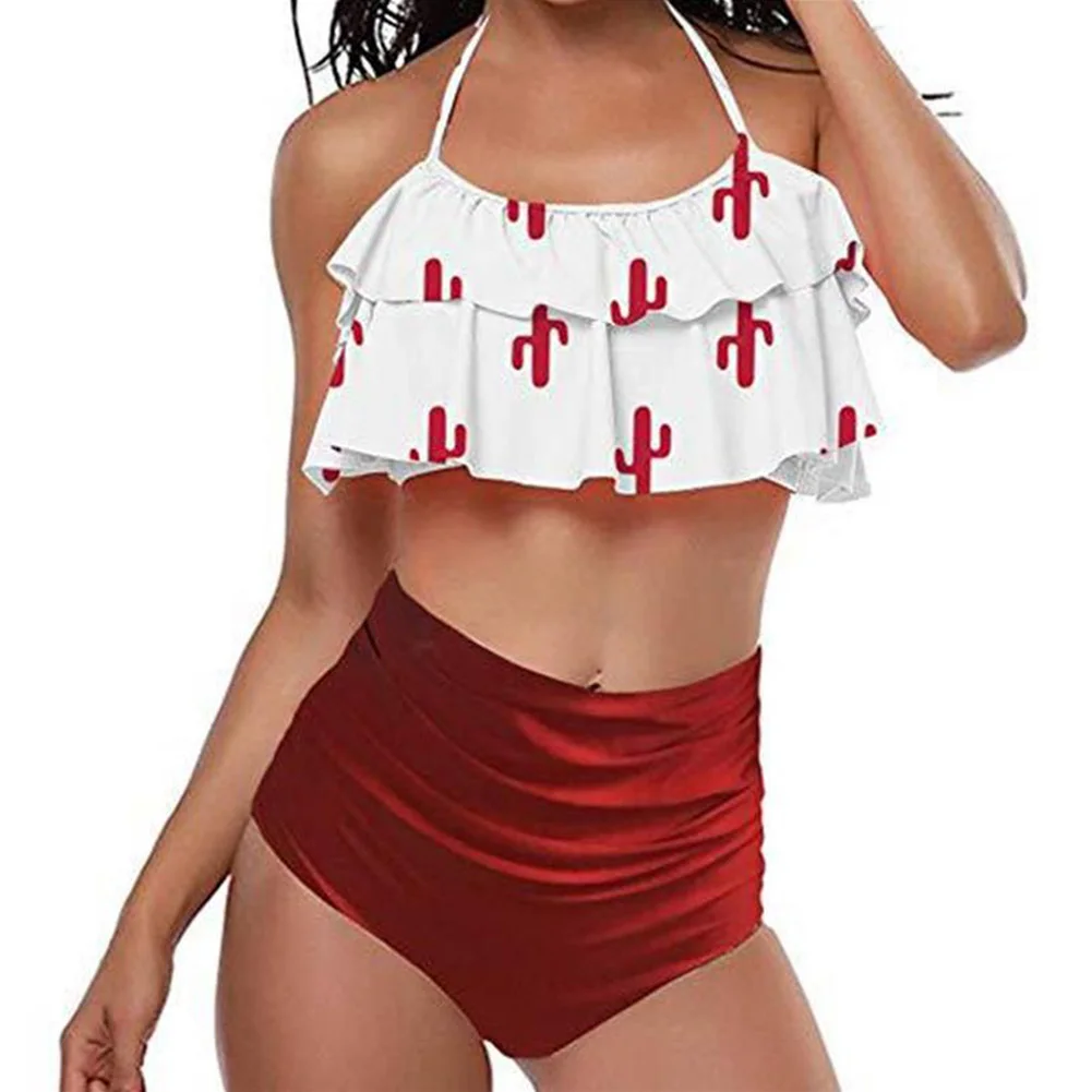 

Swimwear Padded Elastic High Waist Swimsuit Halter Printed Split Type Summer Fabala Bikini Set Beach Holiday Fashion Sexy