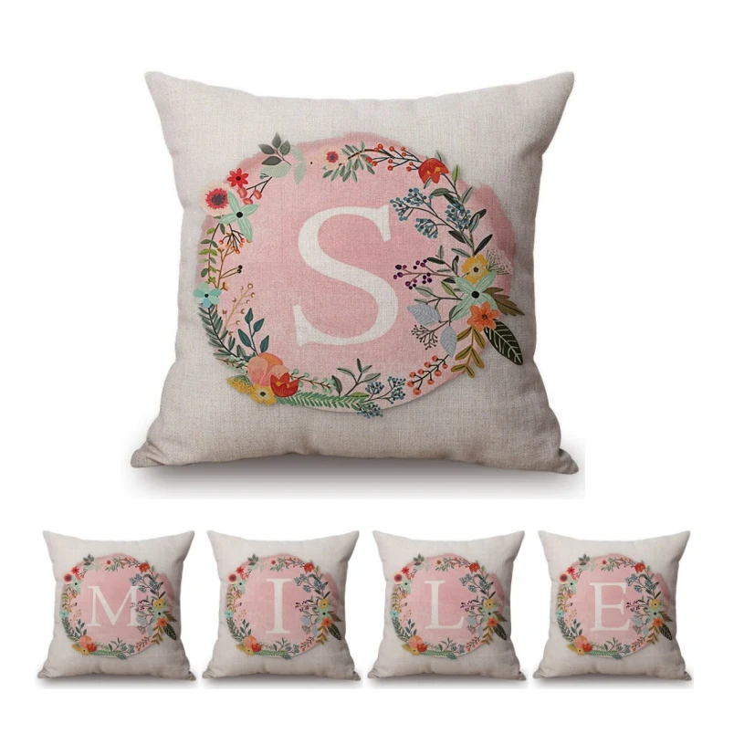 

Pink Floral Wreath Single Capital Letter Print Sofa Decorative Cushion Case Cotton Linen Valentine Day Gift Pillow Cover 45x45cm