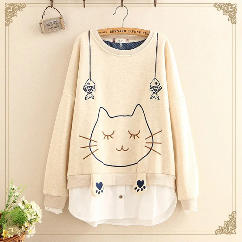 

Harajuku Lolita Sweet Sweatshirt Women Clothing Cat Catching Fish Embroidery Stitching Fake Two Pieces Pullovers Sweatshirt U246