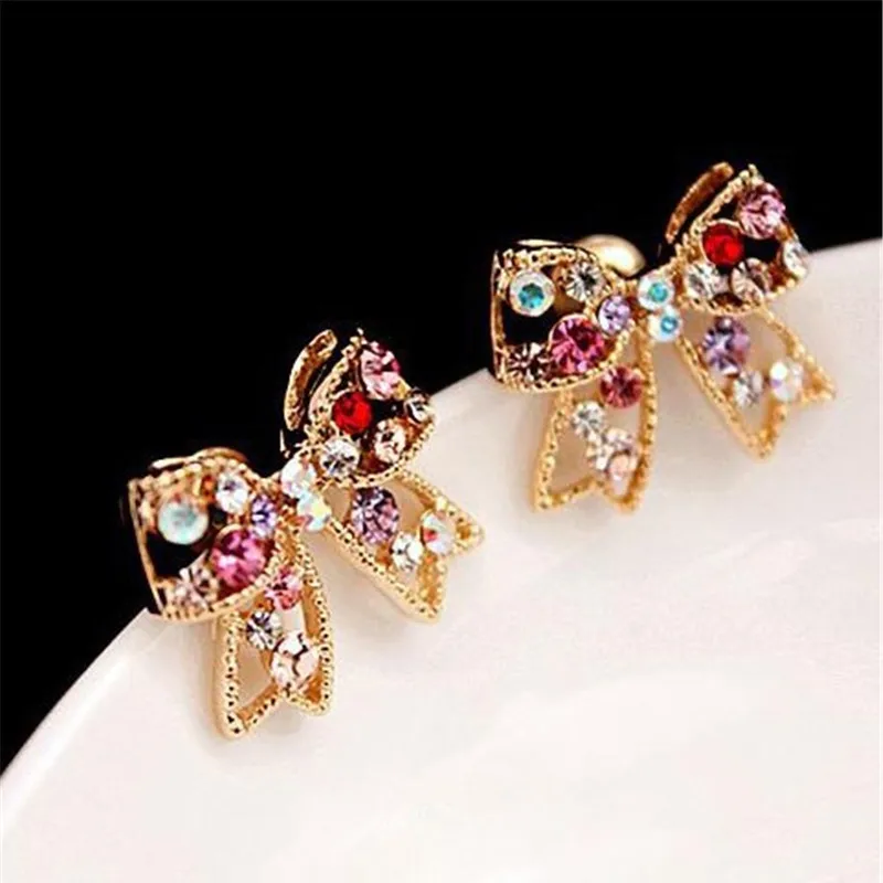 

Hot 1Pair Trendy Women Colorful Rhinestone Charming Golden Bowknot Earrings Chic Ear Studs Jewelry Gift