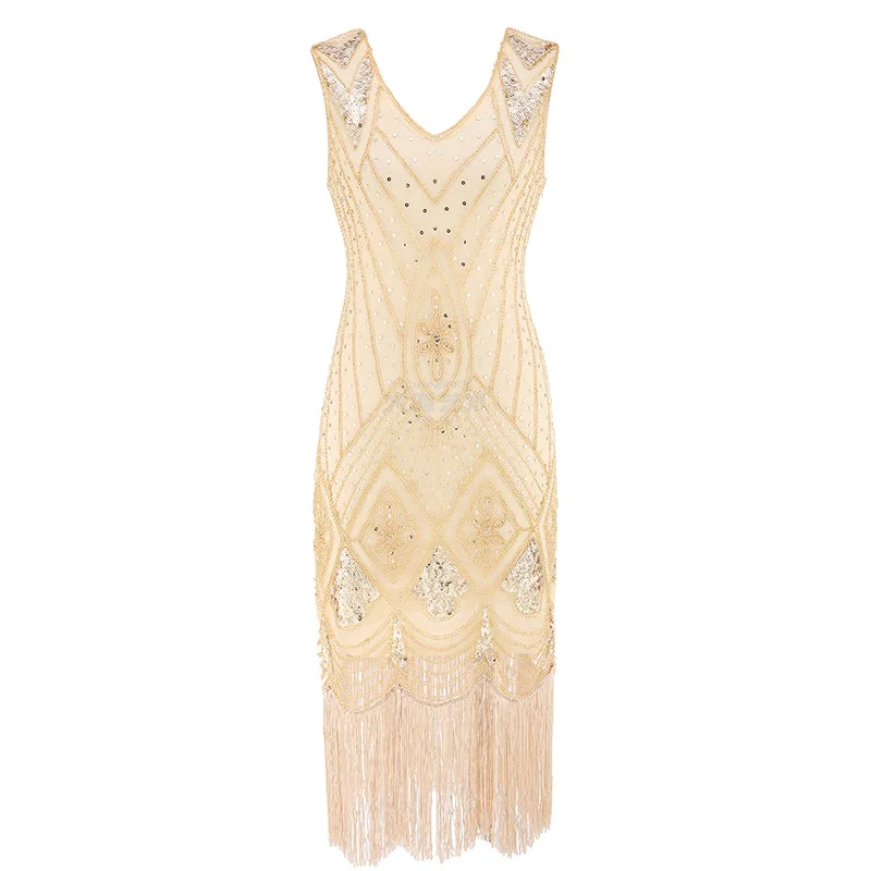 Women 1920 s Gatsby Dress Summer Sexy Party Dresses Beading V Neck Vintage Tassel Stripe Sequin Draped Fringe Flapper Dress (3)