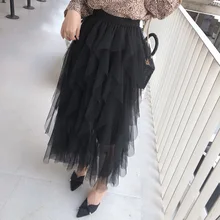 Mishow Стильная элегантная сексуальная многослойная черная летняя юбка в сетку по щиколотку с высокой талией Летняя коллекция Повседневный стиль Материал полиэстерMX19A1887
