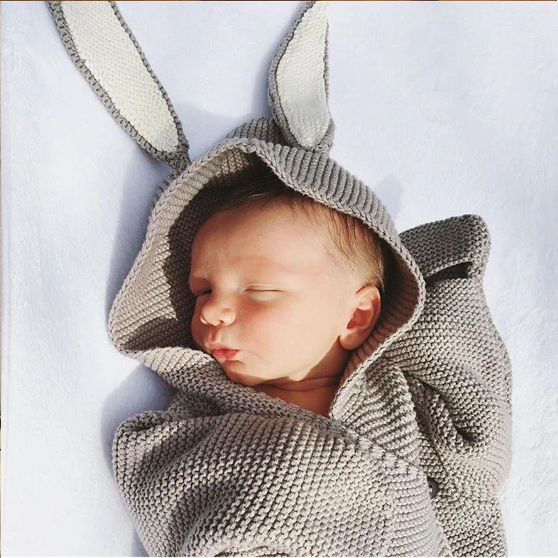 

Cute Newborn Baby Hooded Blanket Cartoon Rabbit Ear Swaddling Infant Kids Sleeping Bag Soft Wrap Knitted Photography Prop