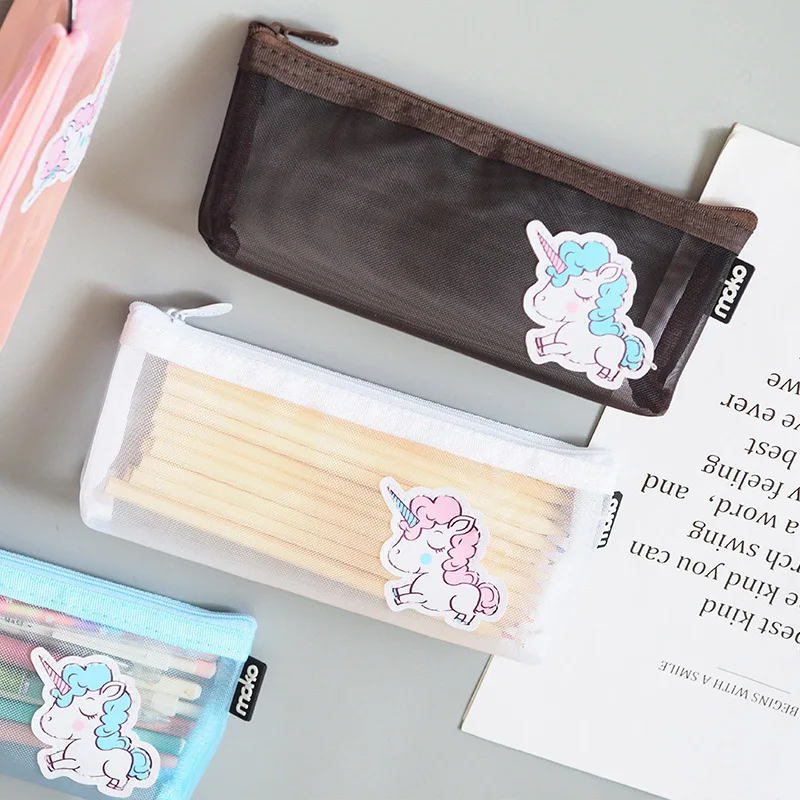 

Cute Cartoon Unicorn Transparent Mesh Pencil Case Animal Pencil Box Nylon Pencil Bag Student Stationery Korean School Supplies