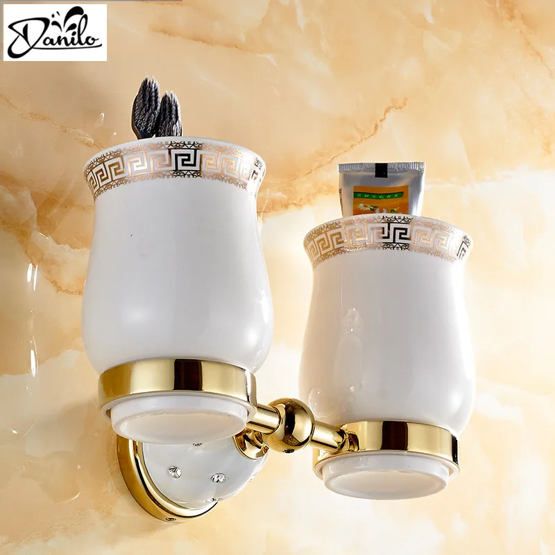 

Modern Wall Mount Golden Cup & Tumbler Holders Ceramics Double Cup Toothbrush Holder European Style Bath Product