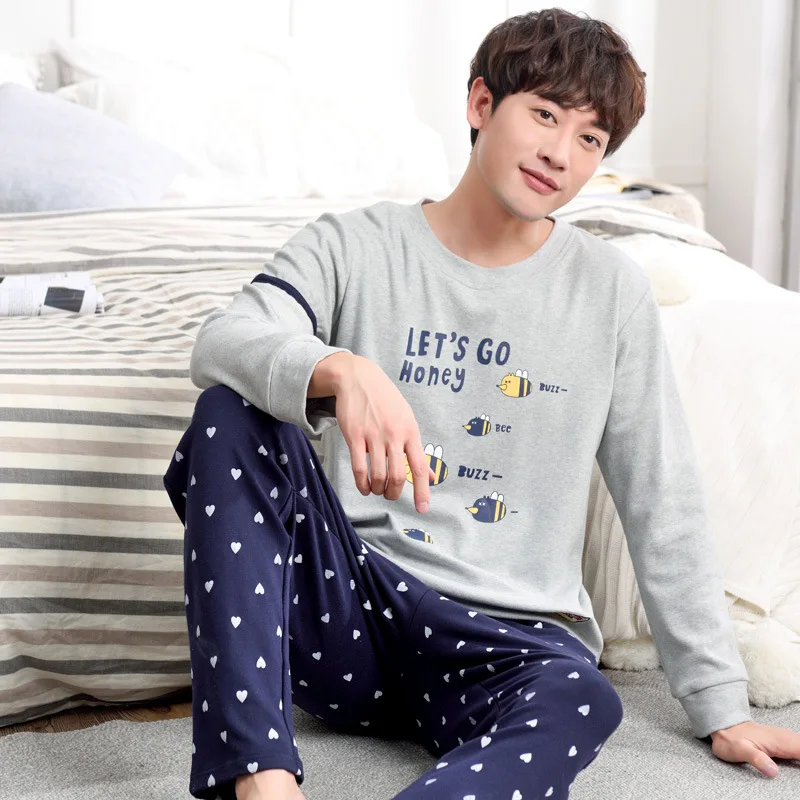 Мужские весенние и осенние корейские Молодежные пижамы большого размера хлопковый зимний костюм с длинным рукавом пижамные комплекты мужские пижамы