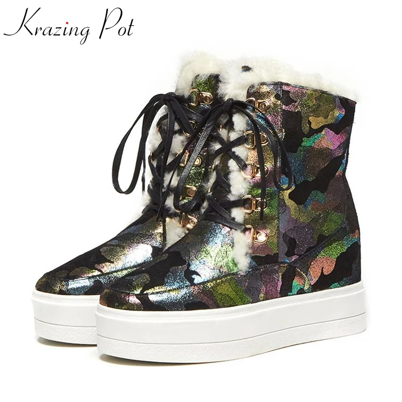 

Krazing Pot new genuine leather wool printing flowers round toe flat platform metal fastener increasing keep warm snow boots L23