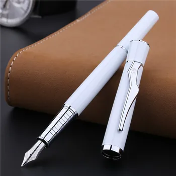 

Pimio Fine Nib Fountain Pen 0.5mm Ink Pens Silver Curved Clip Metal White Blue Pens with Original Gift Box for Women Gift