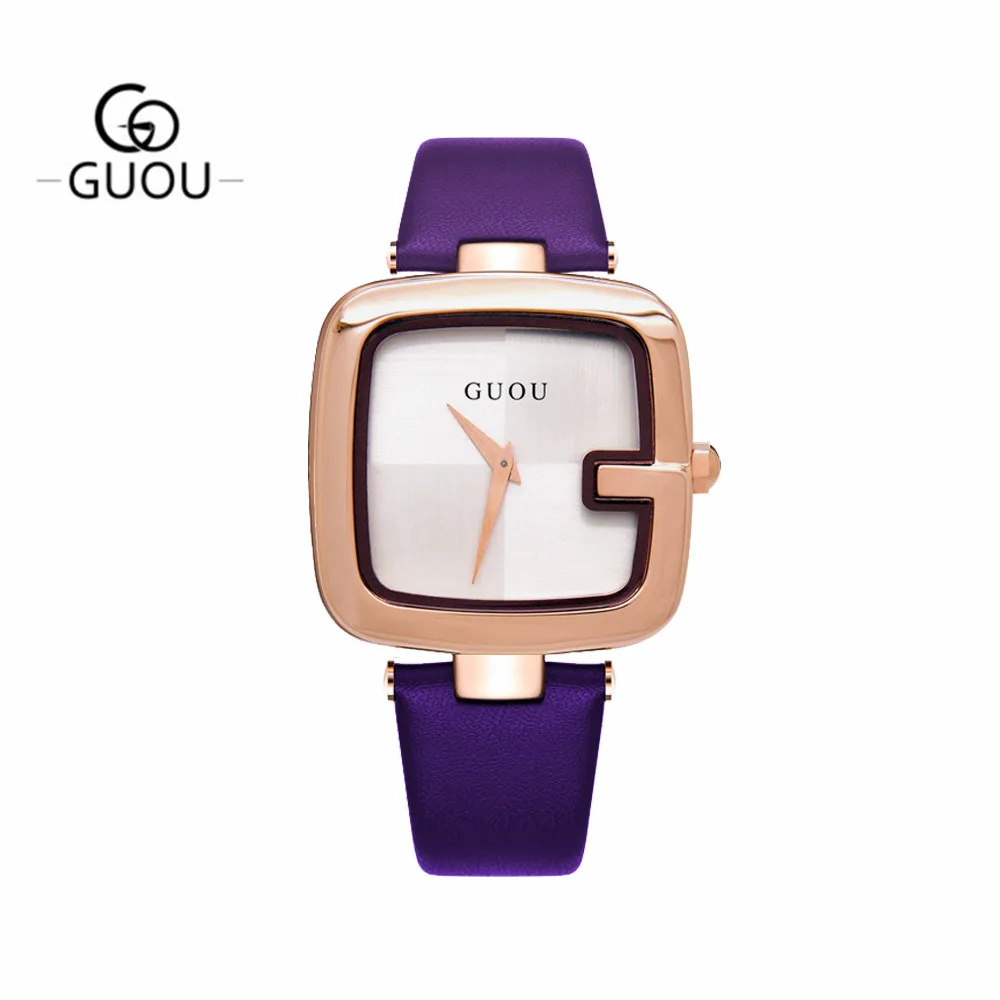 

GUOU Square Dial Simple Quartz Women Watch Big Face Leather Strap Gold Female Woman Clock Elegant Ladies Wristwatches Waterproof