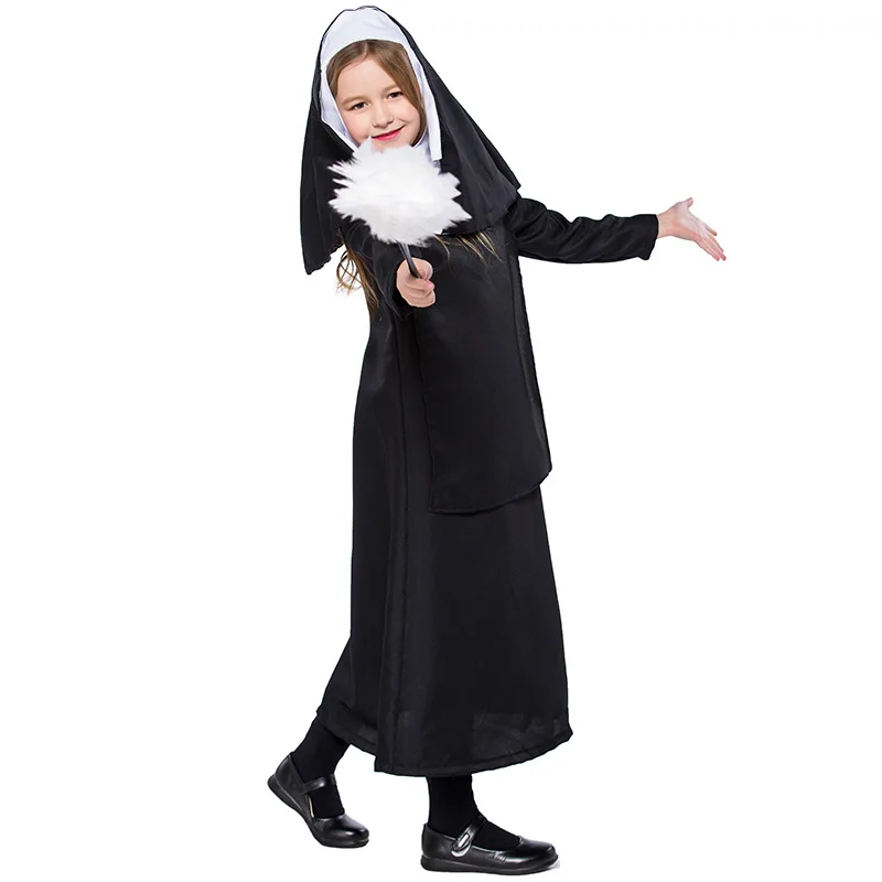 Детский костюм монахини на Хэллоуин для девочек, черный плащ с капюшоном, нарядное платье, костюм с накидкой, костюм для маленьких детей