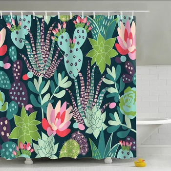 

Waterproof Shower Curtain For Bathroom Green Potted Plants Cactus Succulents Print Bath Curtain 180x180cmWith 12 Hooks