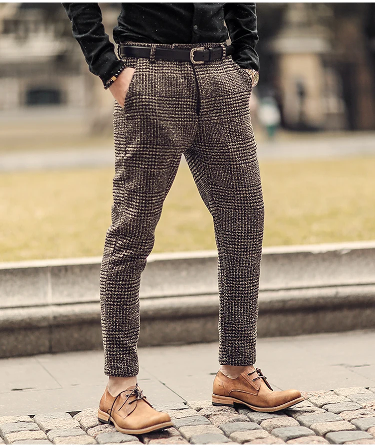 Метросексуал мужские зимние Европейский стиль плед тонкий стрейч шерстяные повседневные штаны мужские деловые модный бренд длинные штаны K681-2