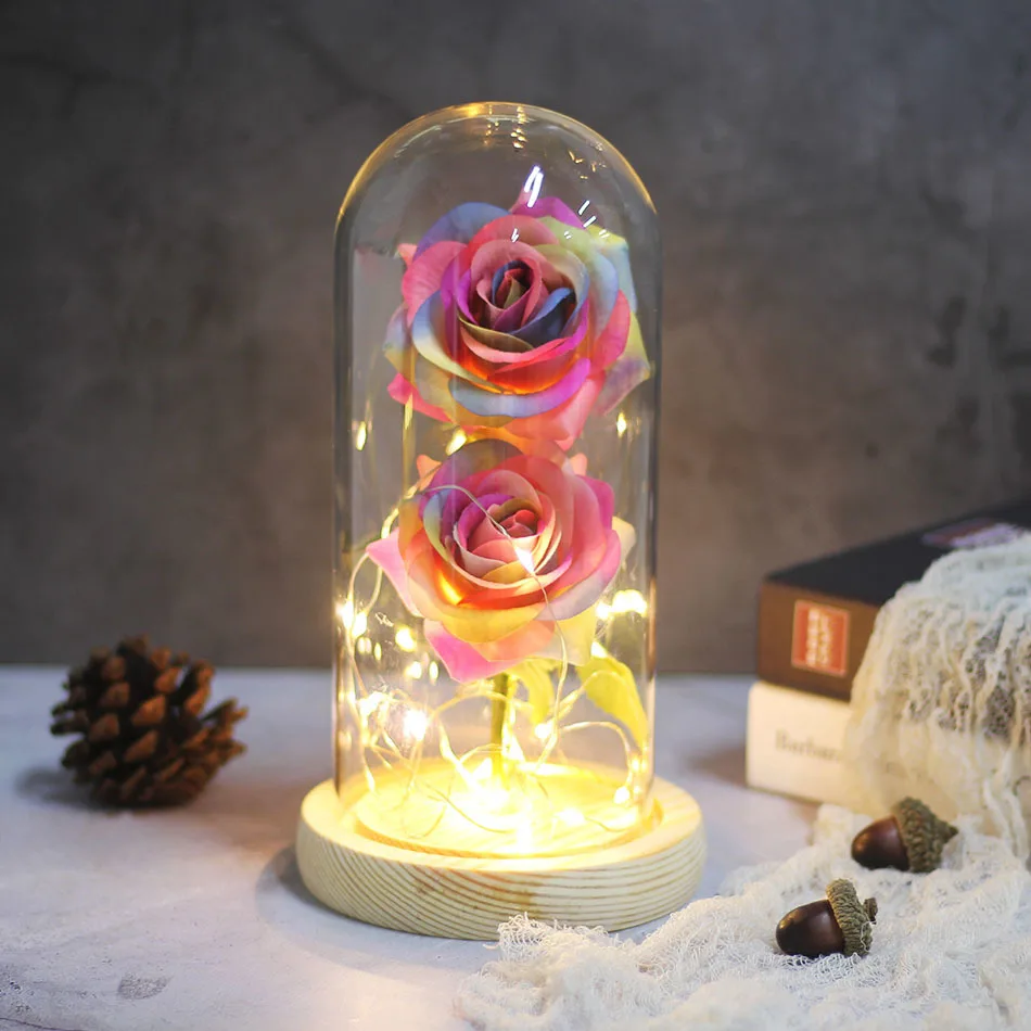 Светильник с розами в бутылке, настольный Ночной светильник, красота и чудовище, романтический подарок, прикроватная деревянная настольная лампа, романтический Валентин