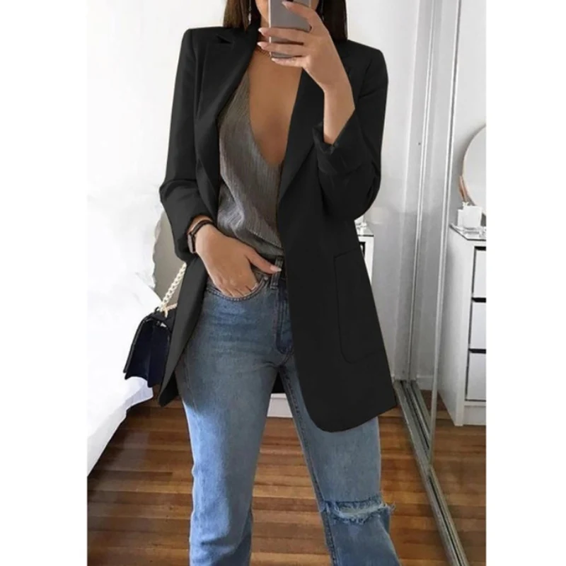 OL commuter solid color lapel suit collar long-sleeved cardigan loose long women's blazer OL commuter solid color lapel suit collar long-sleeved cardigan loose long women's blazer