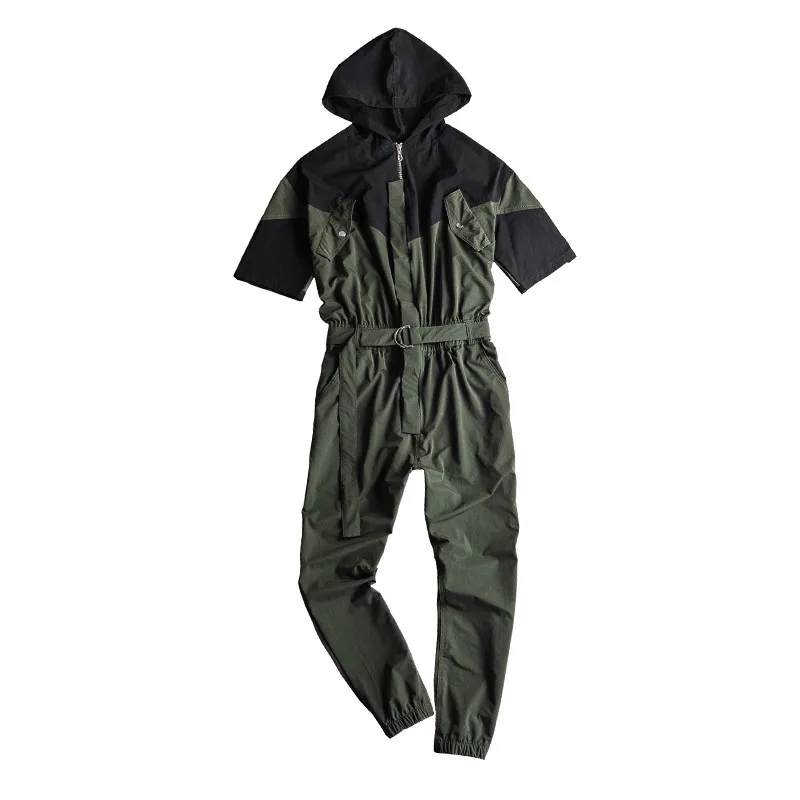 

MORUANCLE Fashion Men Hip Hop Bib Overalls With Hood Patched Jumpsuits Trousers For Man Workwear Suspender Pants Size S-XXL