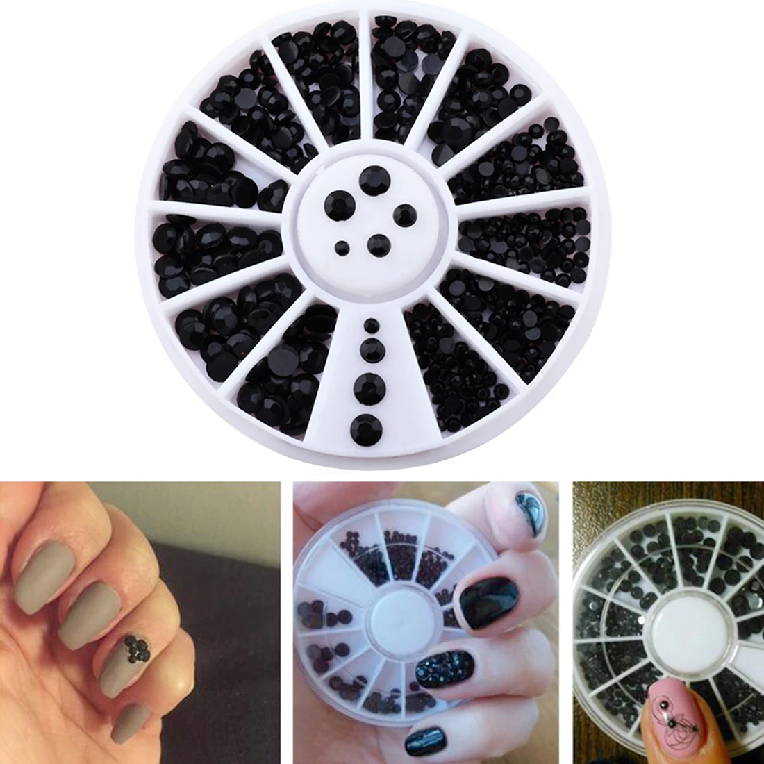 

Hot 3sizes Black 3d Nail Rhinestone Pearls Art Flatback Nail Tips Sticker Decoration Wheel