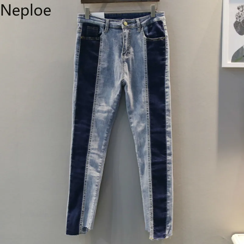 

Neploe Contrast Color Women Jeans Summer 2019 Casual Stretch Waist Jeans Fashion Button Fly Slim Fit Ladies Pants 44854