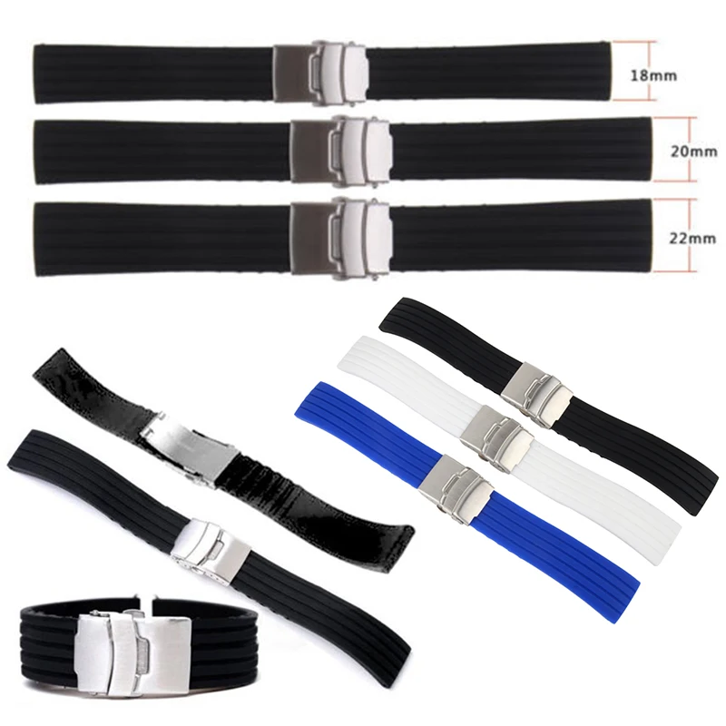 20mm 22mm reloj hombre Silicone Rubber Watch Strap Deployment Buckle Waterproof Band Sport Wrist Sweatband Watch Straps Band