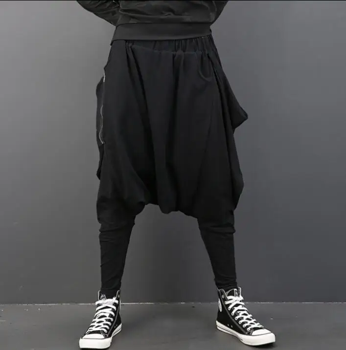 Black personality autumn zipper trousers mens loose pants big pocket