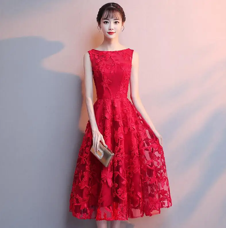 Коктейльные Вечерние платья трапециевидной формы с круглым вырезом и короткими рукавами, элегантное кружевное платье длиной до середины икры с блестками, вечернее платье LF334 - Цвет: Красный