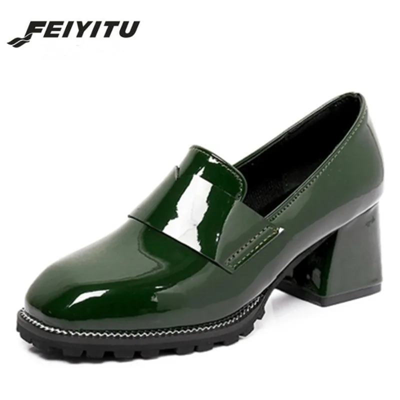 

FeiYiTu 2018 Spring Retro high heels pumps square toe Square heel Slip-On Patent Leather shoes women ladies Sexy chaussure femme