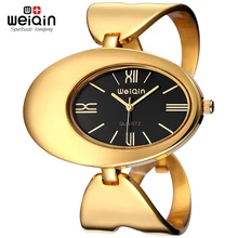 WEIQIN Reloj de Mujer de Marca Impermeable Roma Estilo Oval Gold-Tone Ahueca Hacia Fuera el Brazalete Pulsera Relojes Vestido de La Manera Señoras Reloj de Pulsera