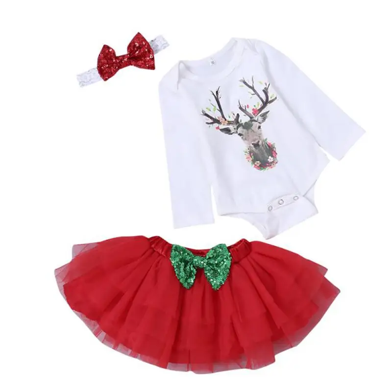 

Baby Sets Long Sleeve Christmas Deer Print Tops+Skirt Autumn Winter Cotton Printed Outfits With Headband New