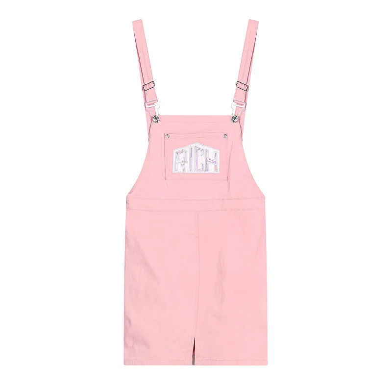 

2015 summer new Japanese sweet soft candy colored denim stitching sister English rich letter strap dress female