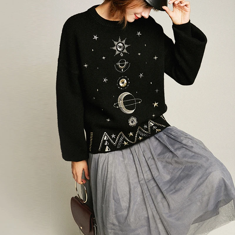 Осень зима черный белый космические звезды жаккардовый вязаный свитер женский длинный рукав водолазка свитер женский толстый свитер