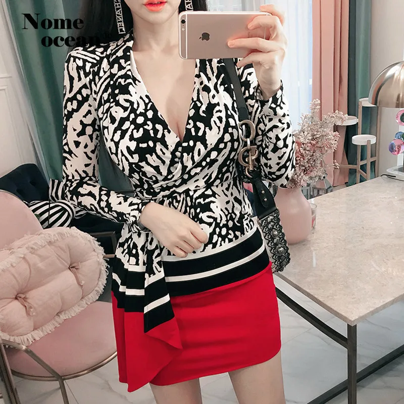 

Leopard Print Knitted Wrapped Long Sleeve Dress 2019 Autumn Color Block Patchwork Knit Bodycon Dress Belted High Waist M19042922