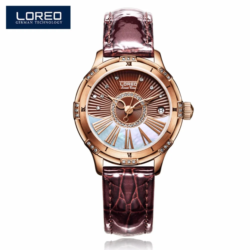 LOREO font b Women s b font Watches Pearl Dial Leather Strap Crystal Classic font b