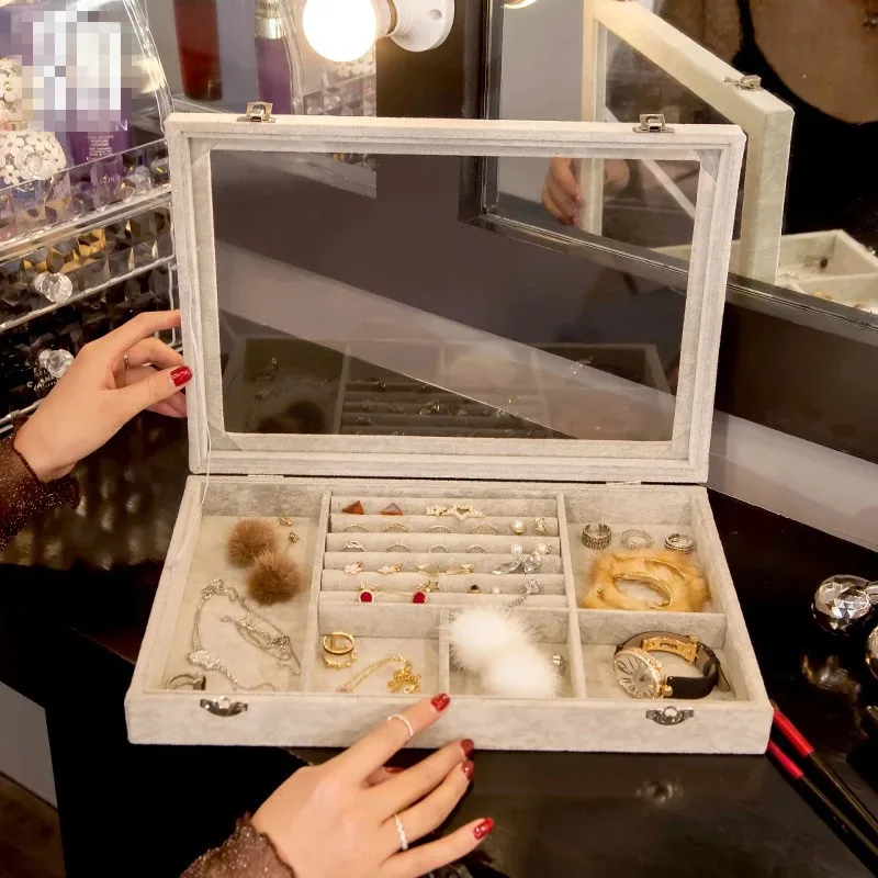 Makeup Organizer Box Jewelry Necklace Nail Polish Earring Organizer Flock Makeup Case Home Desktop Organizer For Cosmetics