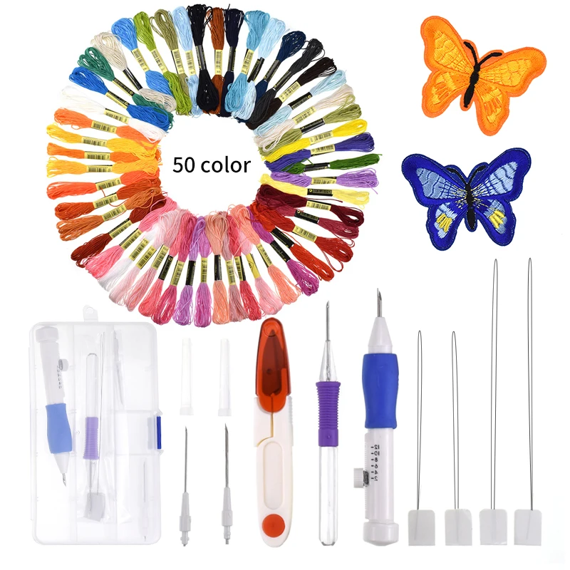 

Magic Embroidery Stitching Punch Needle Set With 50pcs Threads Scissors Embroidery Butterfly Applique DIY Sewing Embroidery Kits