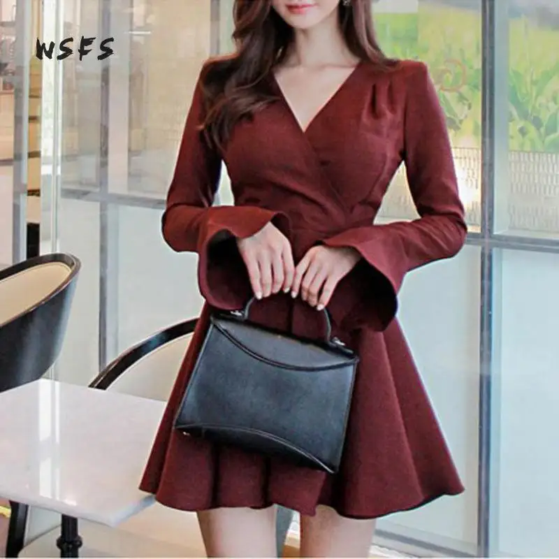 Женское платье с V образным вырезом длинным Расклешенным рукавом|sexy party|dress womenred