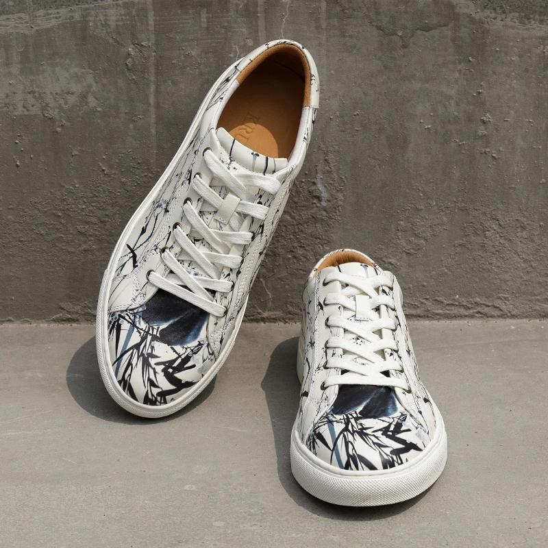 Pisos Calidad Cuero Zapatillas Hecha Masculino De Zapatos Impresión Los Mano Hombres Moda Adulto White Tenis A Genuino Costura Alta 6Sf1gf