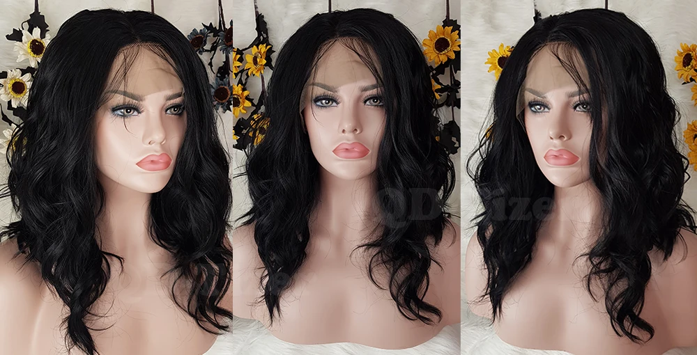 QD-Tizer Fashion Short Wavy Bob Hair Wig Black Wavy Wig Lob Hair Heat Resistant Synthetic Lace Front Wigs7