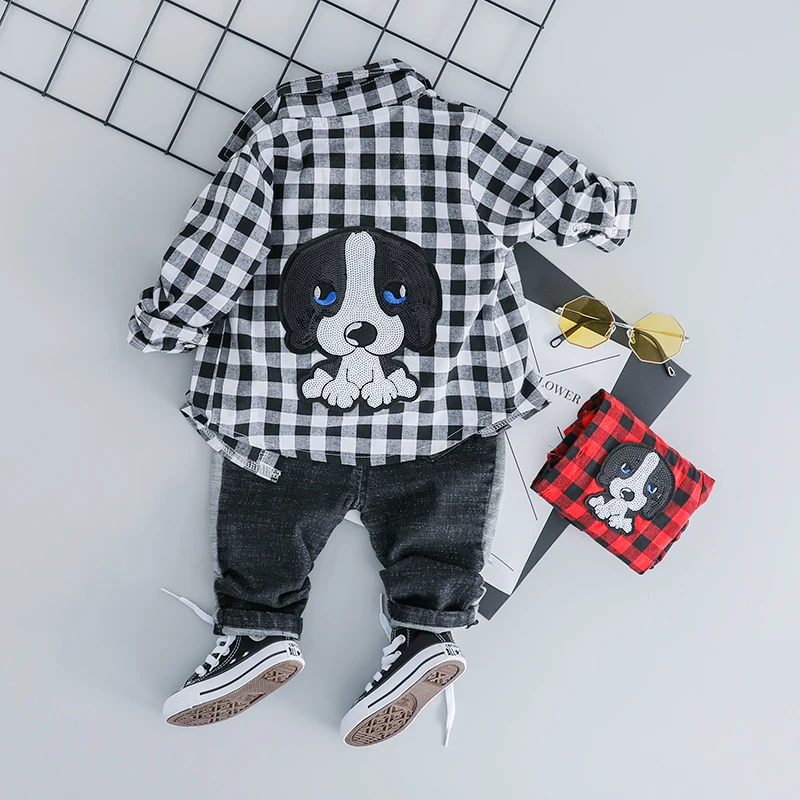 Koop Hylkidhuose Baby Kleding Suits 2019 Lente Baby Meisjes Jongens Kleding Sets Revers Plaid Shirt Jeans Cartoon Kids Kinderen Kostuum