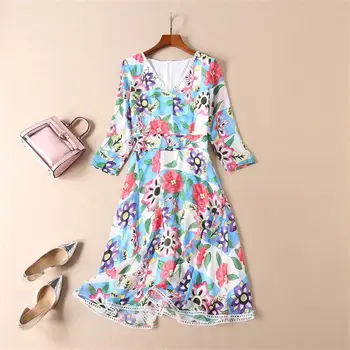 

Women Dress 2018 High Quality Autumn Designer Runway V-Neck Long Sleeve Printed Patchwork Casual Dresses NPD0809