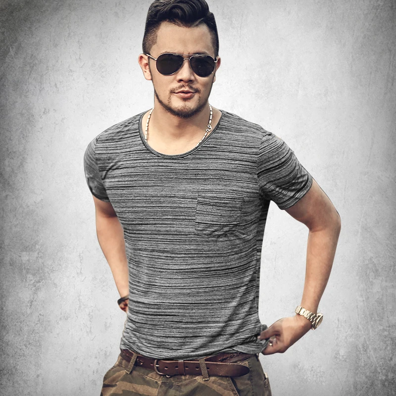 

Men's Mixed Color Dark Red Small Pocket Design Elasticed O Neck Short Sleeve T-shirt Men's European Style Slim Cotton Top Tees