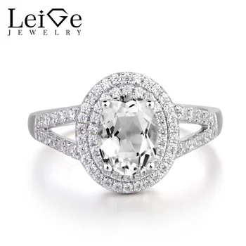 

Leige Jewelry Halo Ring Real Natural White Topaz Ring Wedding Ring 925 Sterling Silver Ring Gemstone November Birthstone
