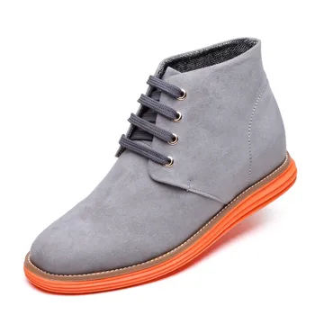

New Casual Grey Color Lace up Lightweight Men's Flock Short Boots Height Increasing Elevator Ankle Boots Get Taller 6 CM