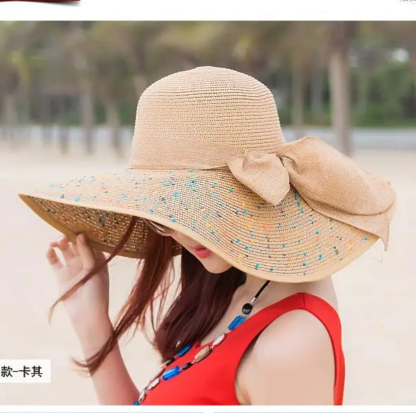 Модная соломенная шляпа для Для женщин летние Повседневное широкий с полями, солнце Кепки с галстуком-бабочкой женские пляжный отдых Шапки большой козырек флоппи-Chapeau - Цвет: Khaki