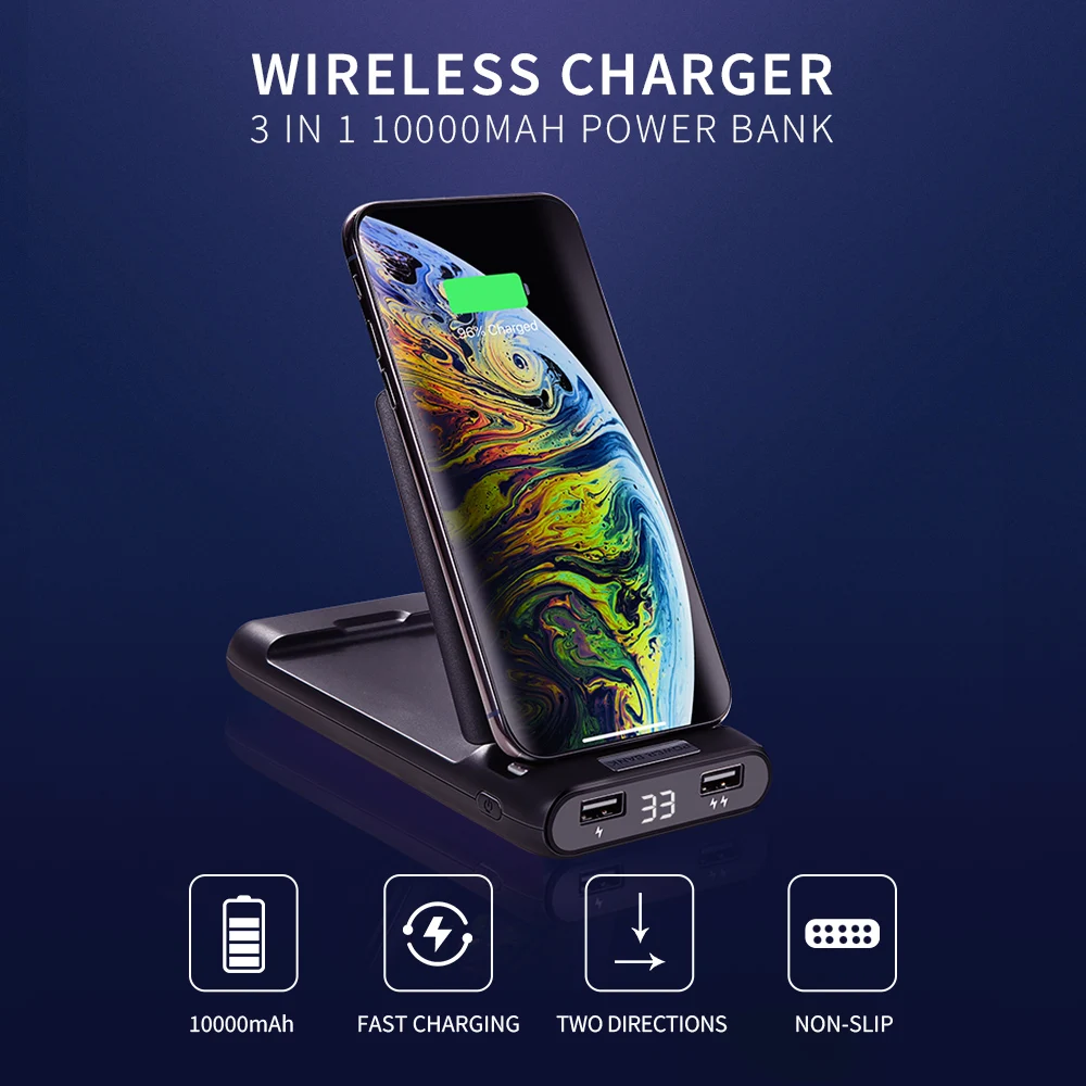 KISSCASE 3 in1 10000 mAh Power Bank Phone Dual USB Wireless Charger Desk Phone Holder Stand For iPh