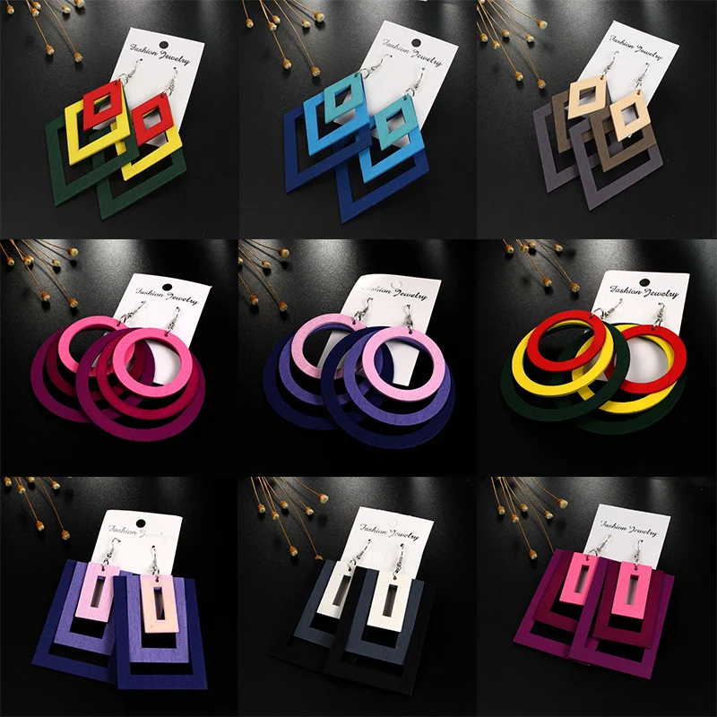 

1Pair Rectangle Big Africa Circle Drop Earrings Wooden Multilayer Natural Wood Round Square Geometric Indian Hollow