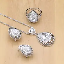 Натуральное серебро 925, наборы свадебных ювелирных изделий, белый CZ бисер, украшения для женщин, висячие серьги, подвеска, ожерелье, кольца
