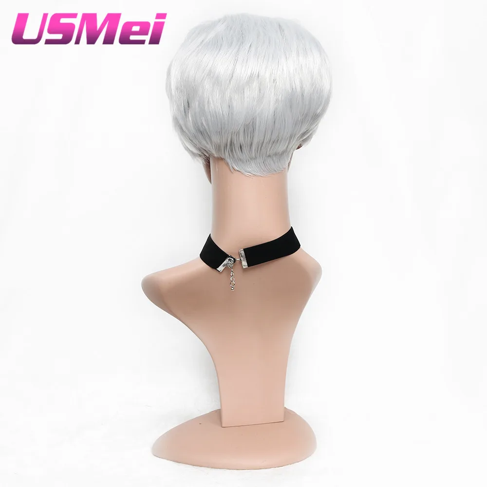 USMEI короткие синтетические парики для черных женщин серый белый цвет натуральный шелковистые прямые Термостойкие волокна волос парик косплей одежда