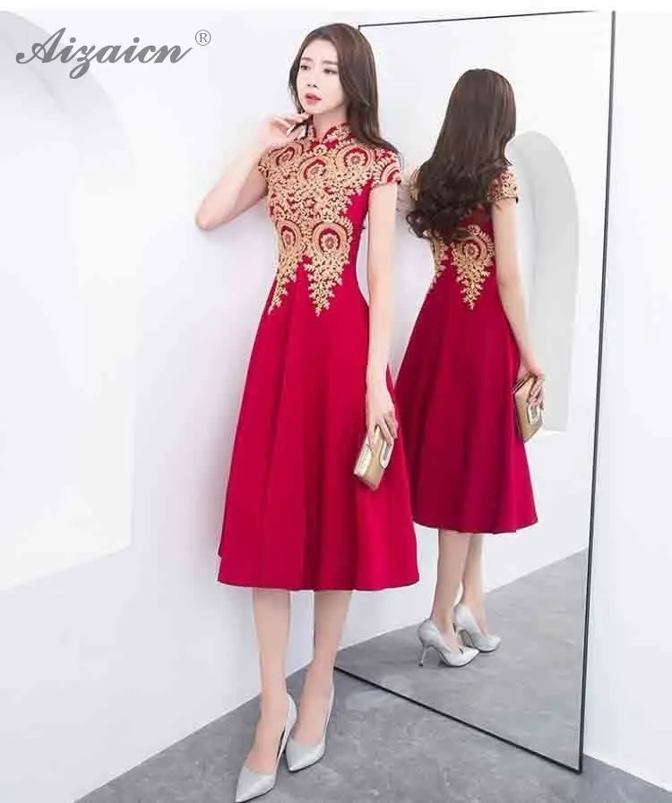 Novia moda corto rojo Cheongsam vestido bordado flor Qi Pao mujeres chino tradicional ropa Qipao Восточный vestidos de boda