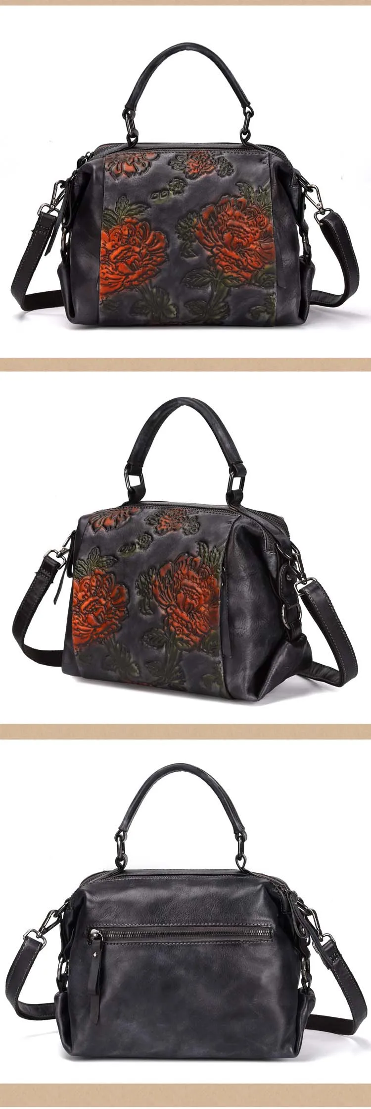 GO-LUCK, брендовая, натуральная кожа, Бостонская, с верхней ручкой, сумка, тоут, женские сумки на плечо, женская сумка через плечо, сумка-мессенджер, Цветочная гравировка